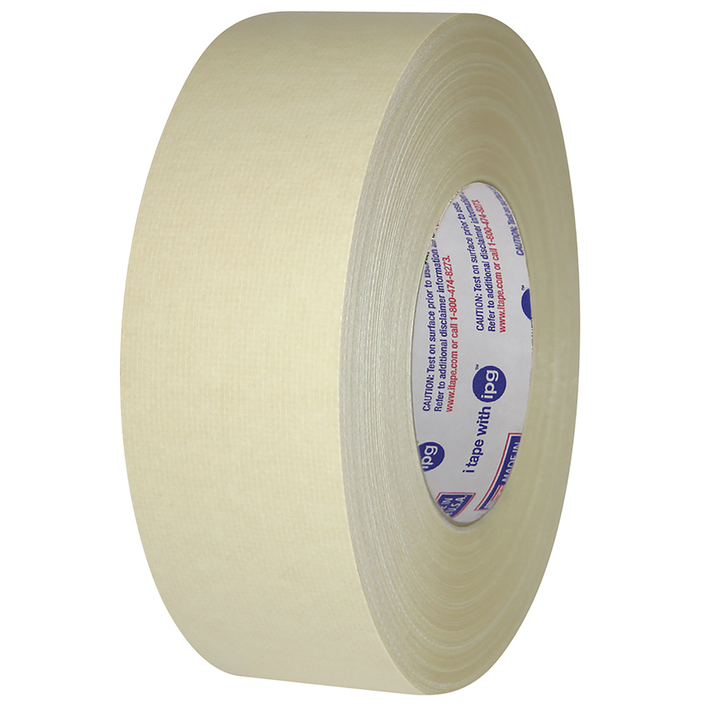 A roll of beige adhesive tape with printed text visible on the inner core. Intertape® 12.1-Mil. Natural Filament Tape (1 x 60 yd., 36 Rolls/Case)